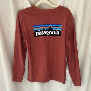 Patagonia Rust Long Sleeve Logo Tee with Multicolor Mountain Graphic